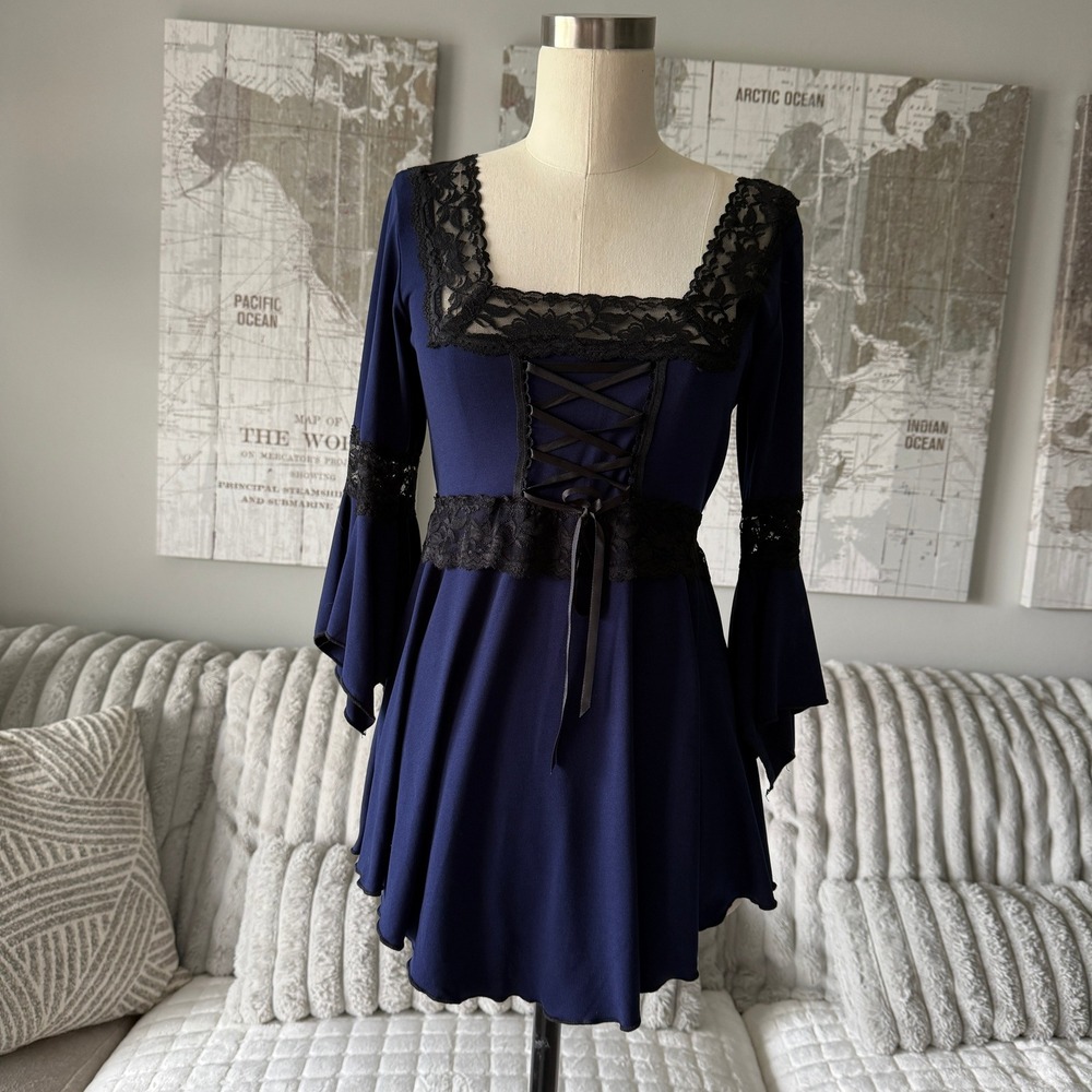 VTG Dare to Wear Navy Blue Gothic Victorian Lace Corset Bell Sleeve Tunic Top S